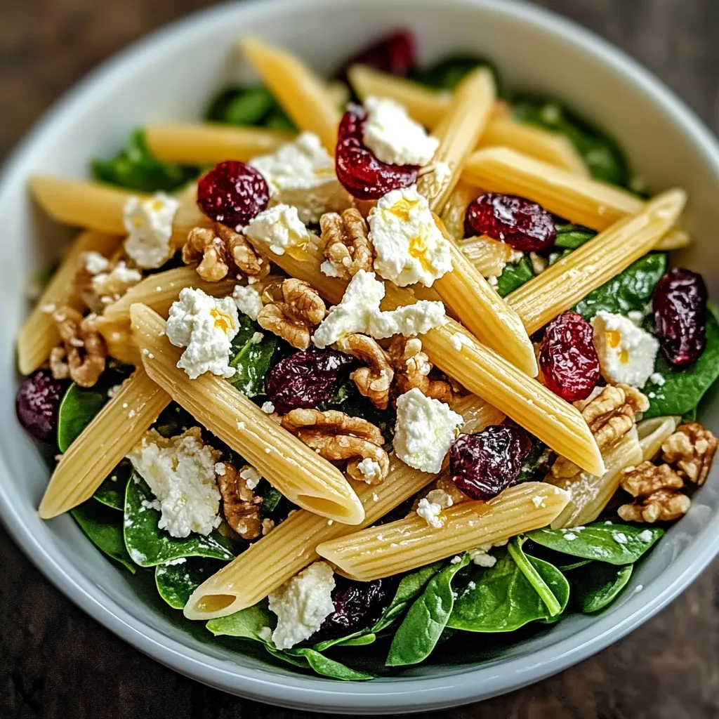 A bowl of pasta salad with cheese and nuts.