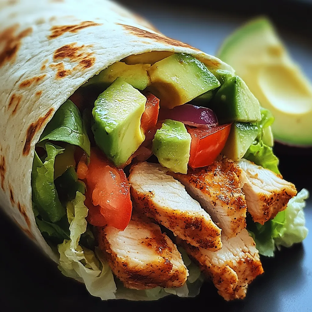 A burrito with chicken, avocado, tomato, and lettuce.