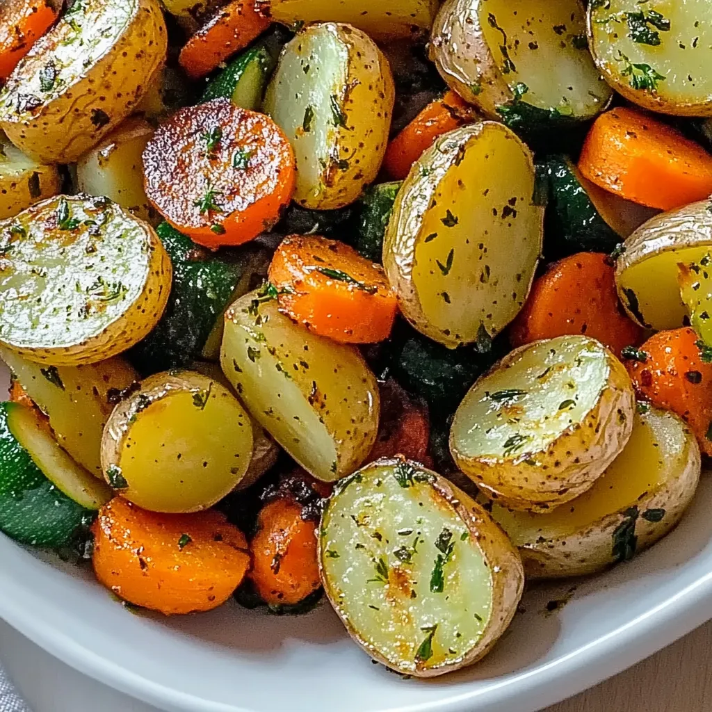 A bowl of vegetables including potatoes, carrots, and green beans.