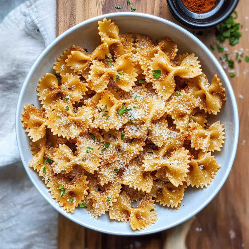 A bowl of pasta with cheese and herbs.