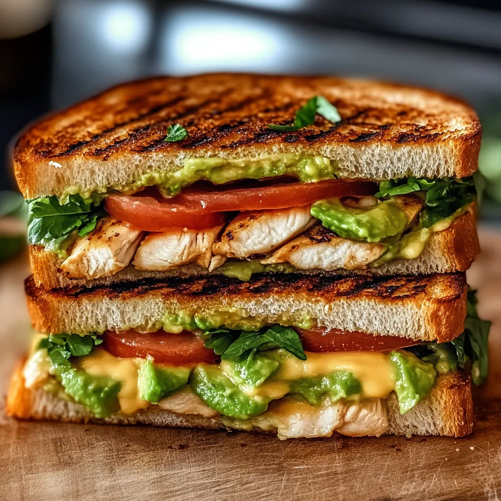 A sandwich with chicken, tomato, lettuce, and avocado.