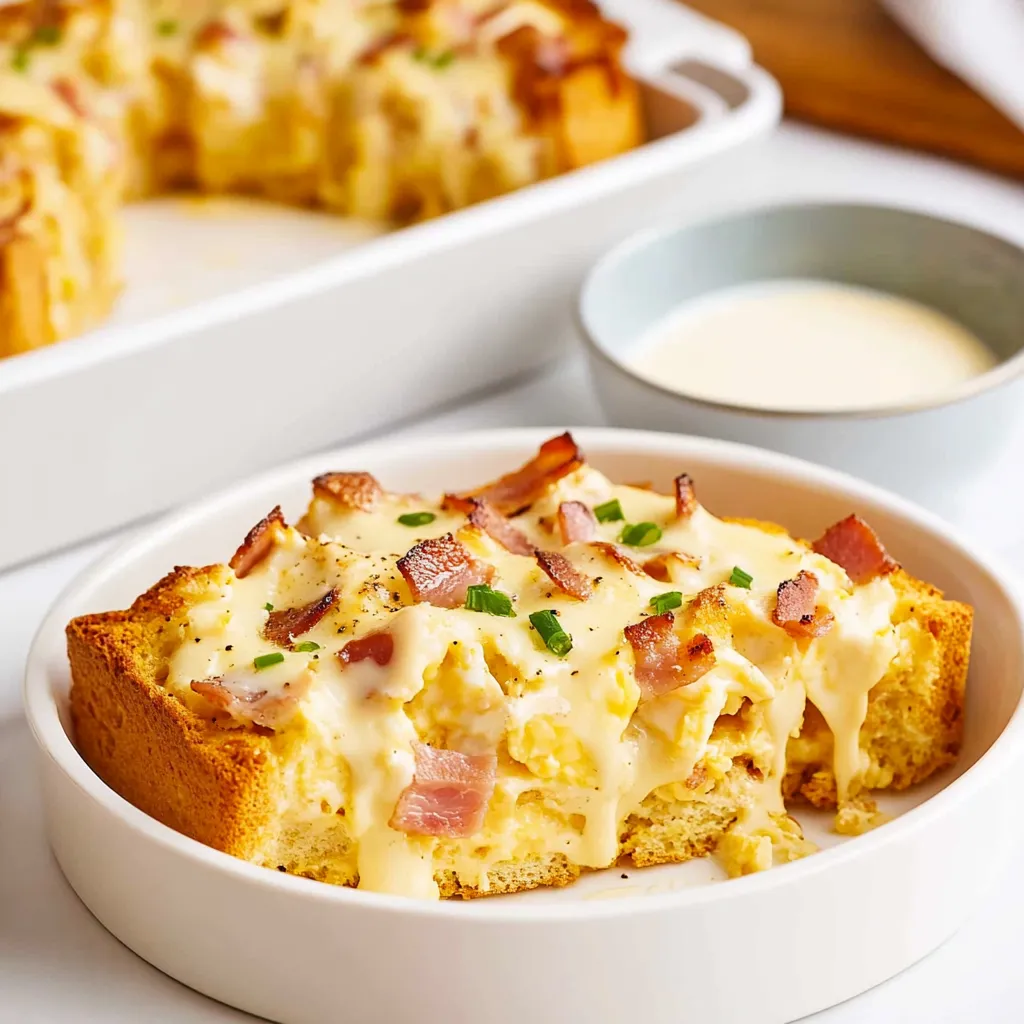 A slice of bacon and cheese casserole.