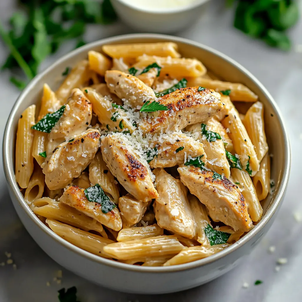 A bowl of pasta with chicken and cheese.