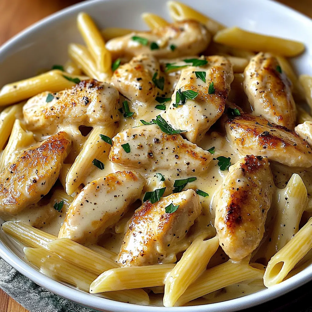A bowl of chicken and pasta.
