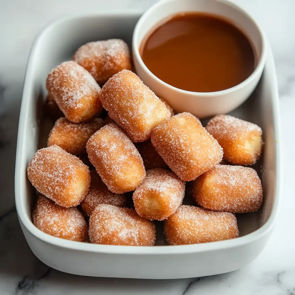A bowl of powdered sugar covered doughnuts.