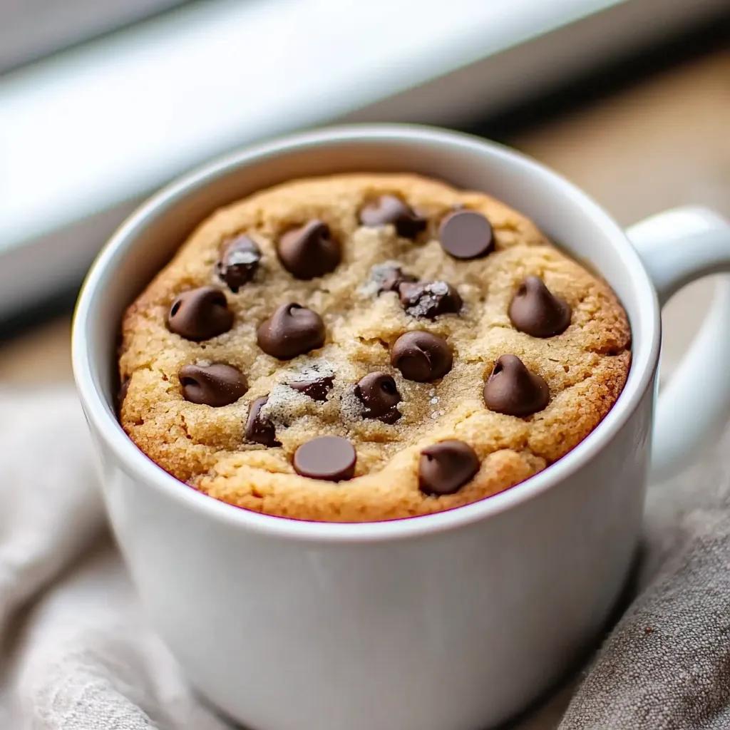 A chocolate chip cookie in a white cup.