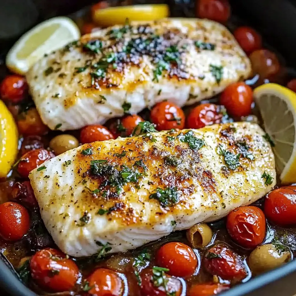 A pan of food with fish and tomatoes.