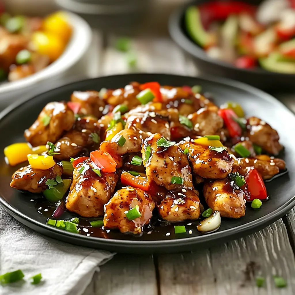 A plate of chicken with peppers and onions.