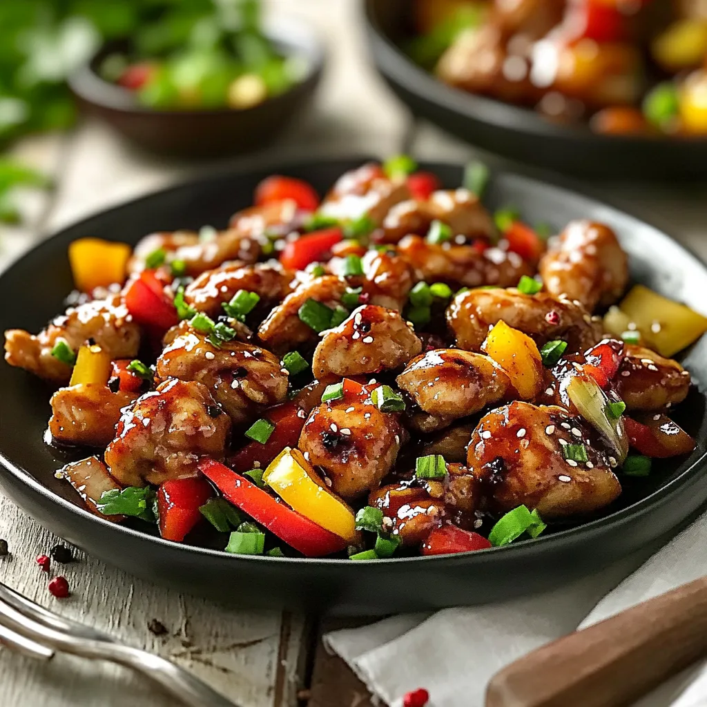 A plate of food with chicken and peppers.