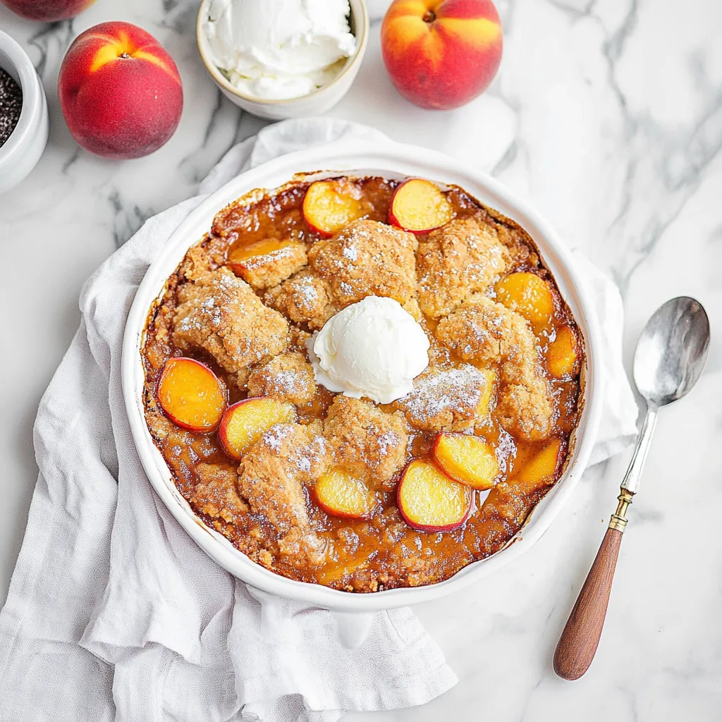 A white bowl with a peach dessert and ice cream.