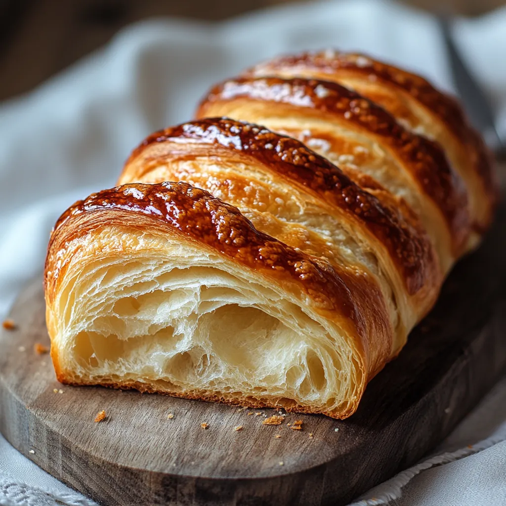 A croissant is cut in half and placed on a wooden cutting board.
