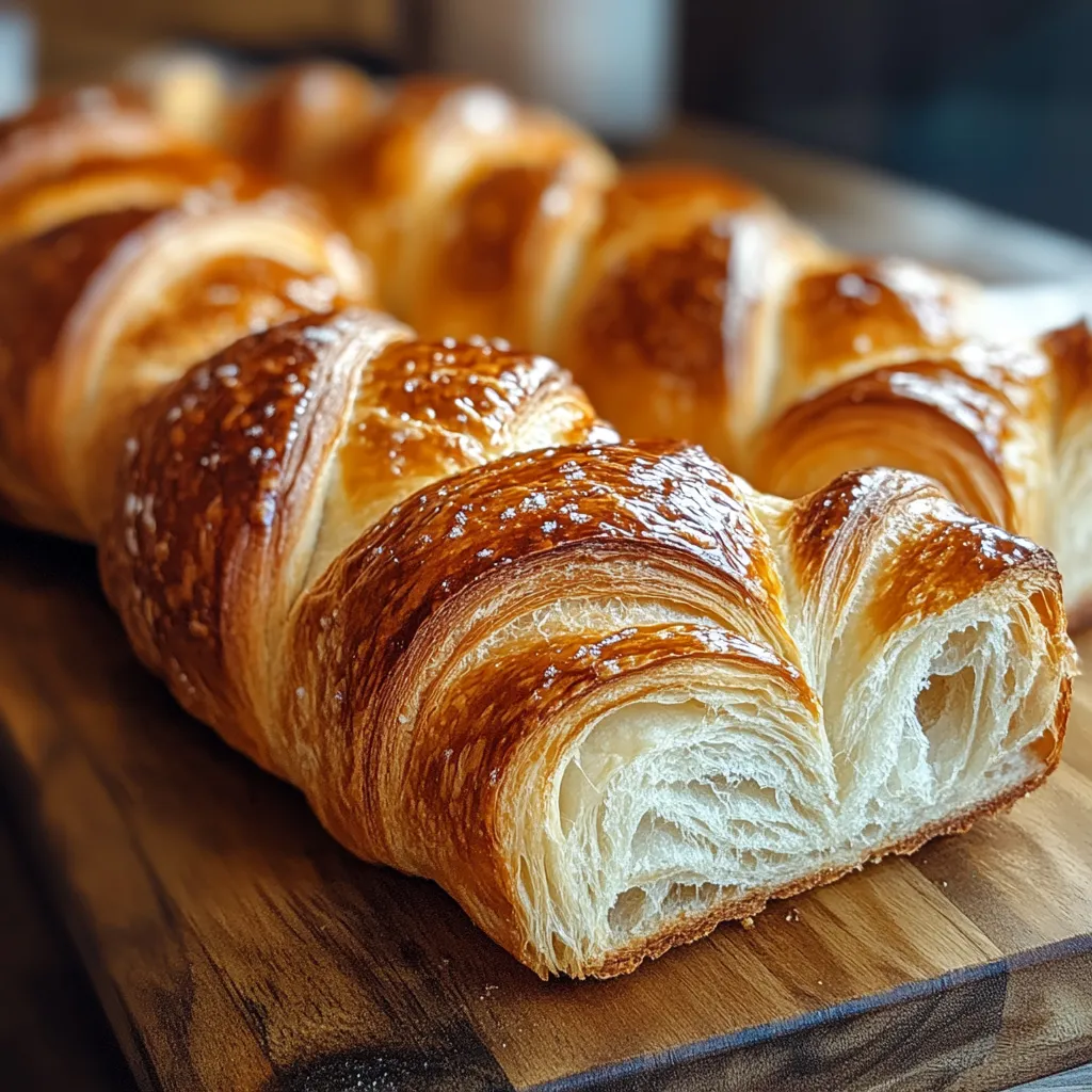 A croissant is on a wooden table.