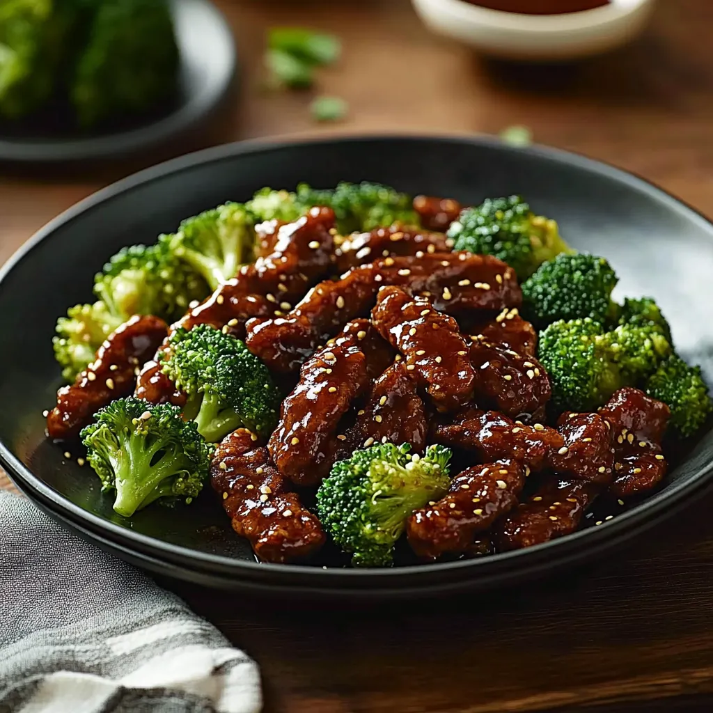 A plate of beef and broccoli.