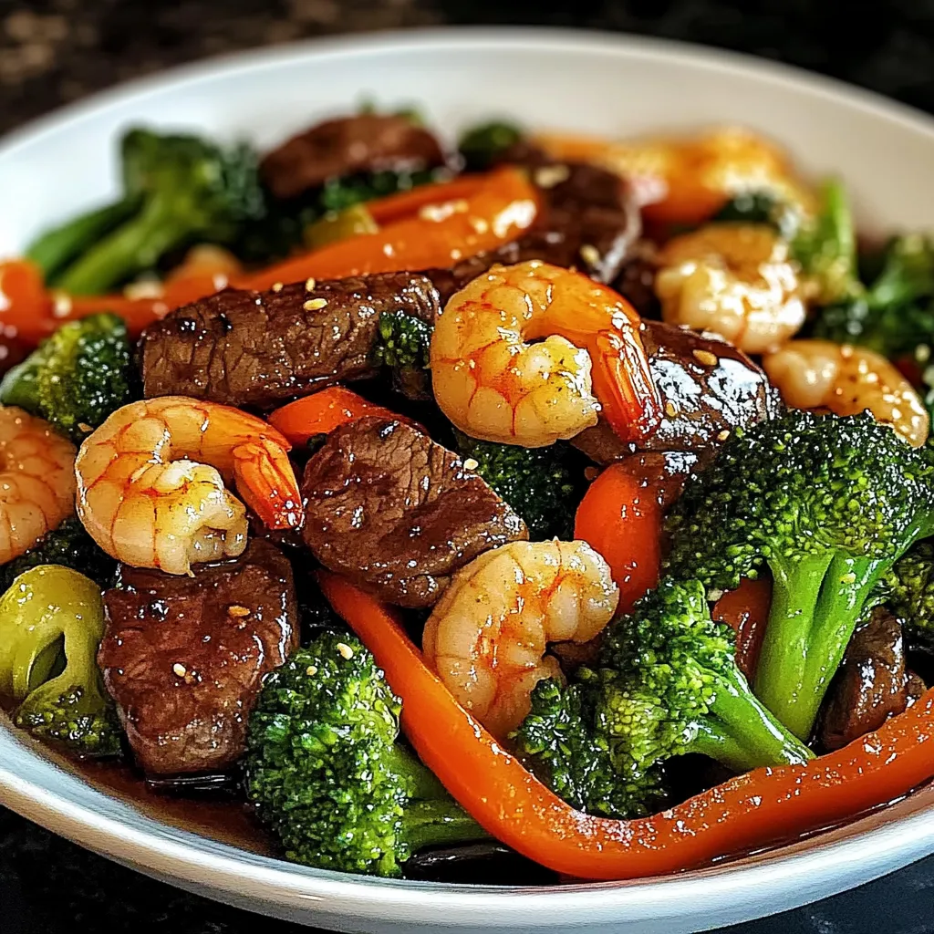 A bowl of food with shrimp, broccoli, and carrots.