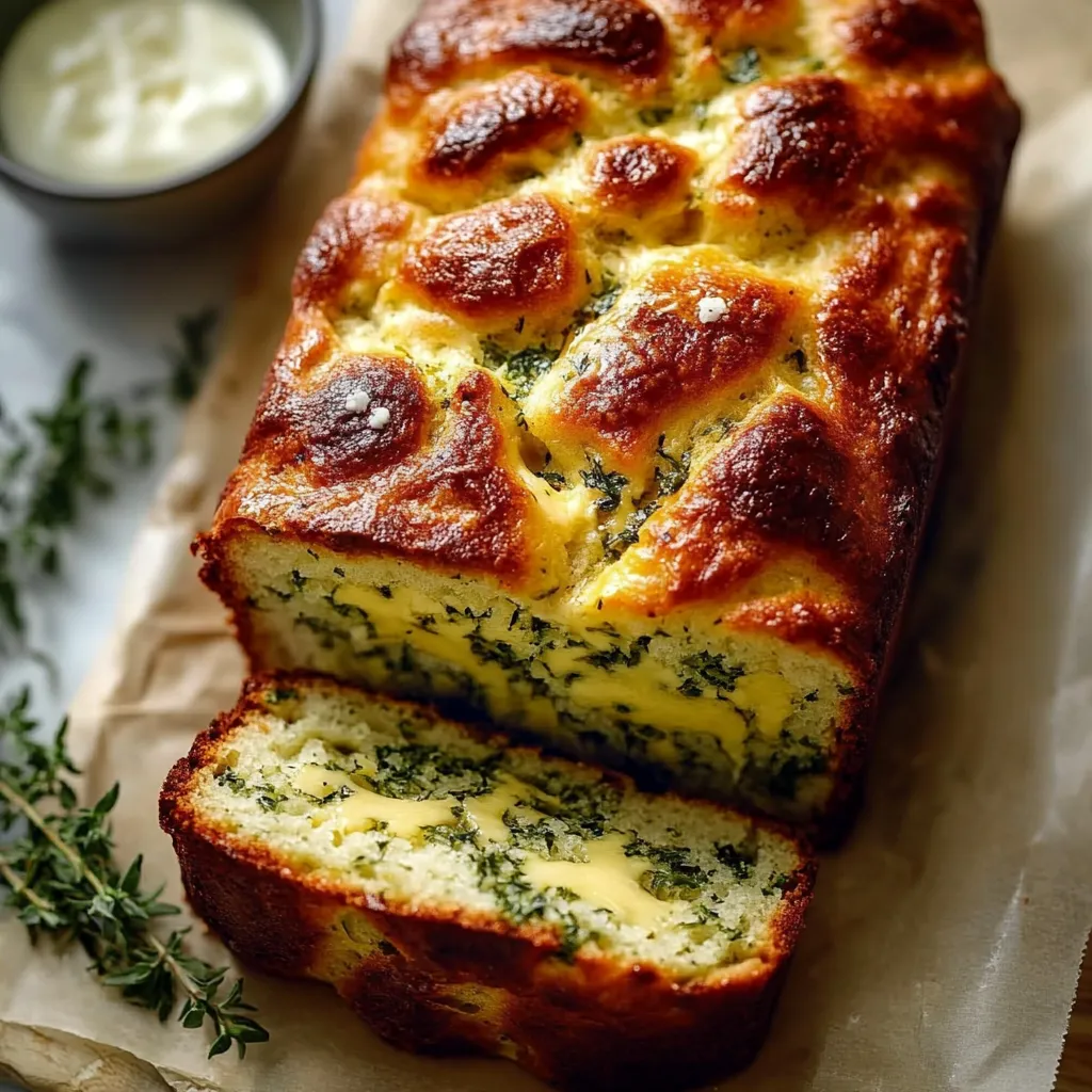 A loaf of bread with green herbs on top.