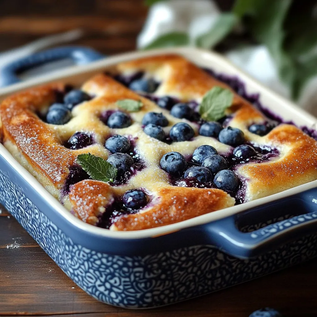A blueberry crumble in a blue and white dish.