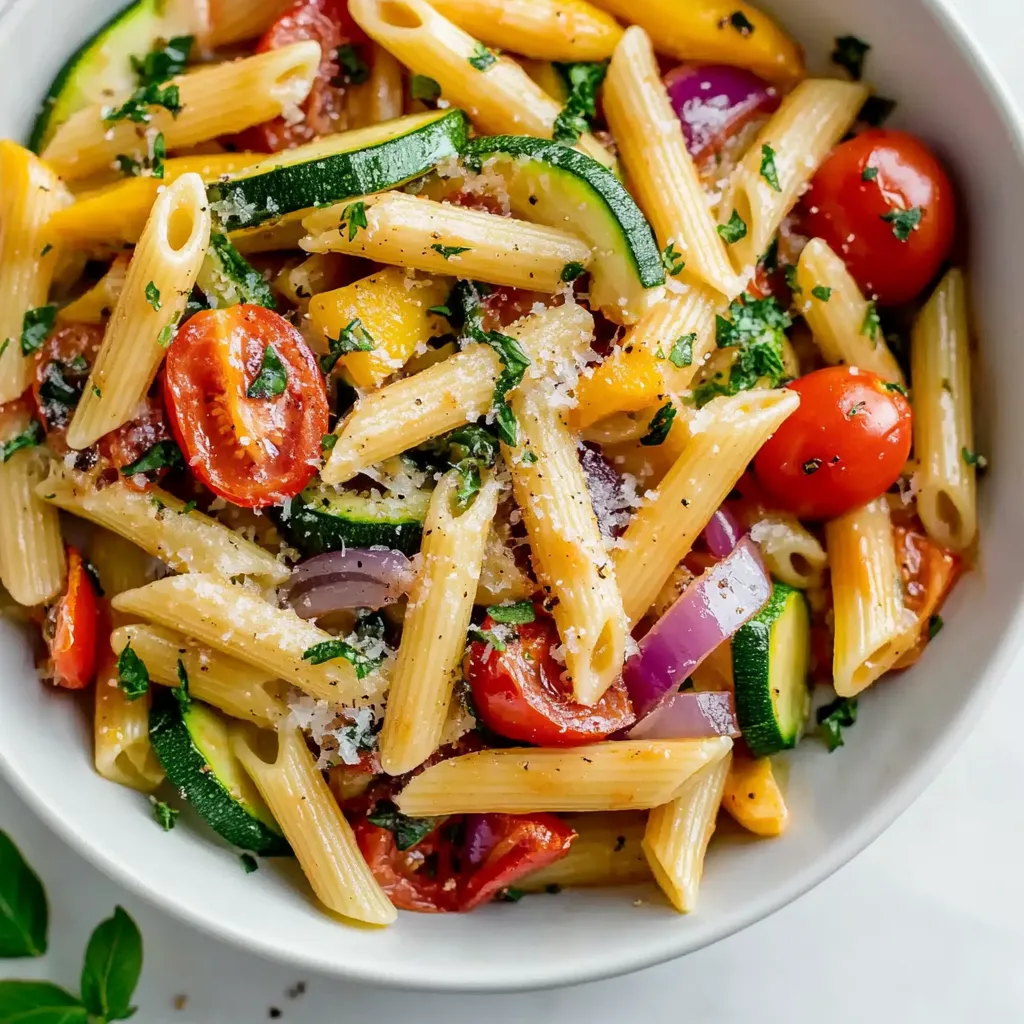 A bowl of pasta with tomatoes, zucchini, and basil.