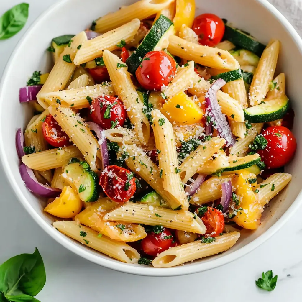 A bowl of pasta with tomatoes, zucchini, onions, and basil.