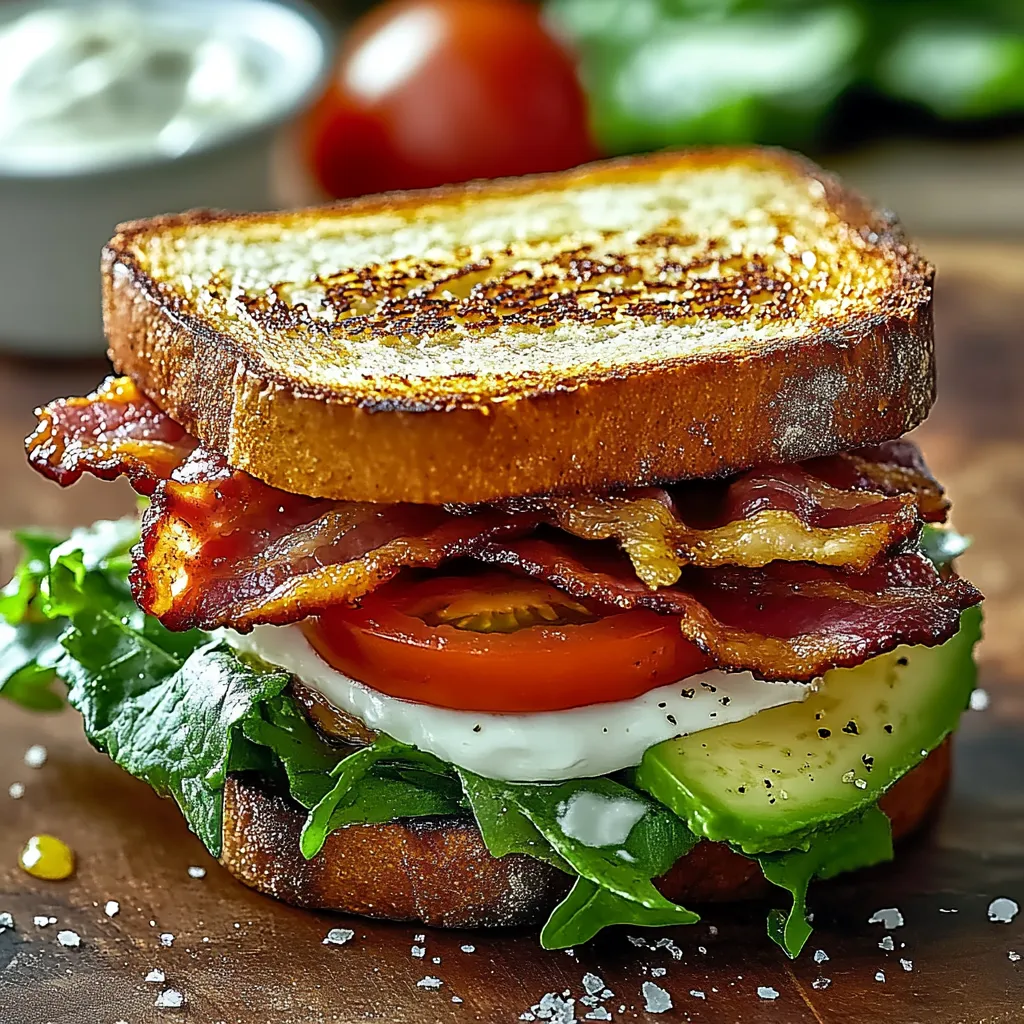 A sandwich with bacon, tomato, lettuce, and avocado.