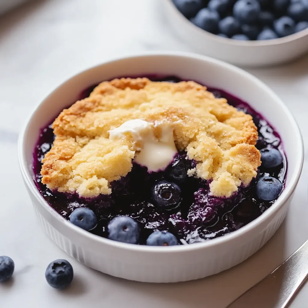 A bowl of blueberry crumble with a spoon in it.