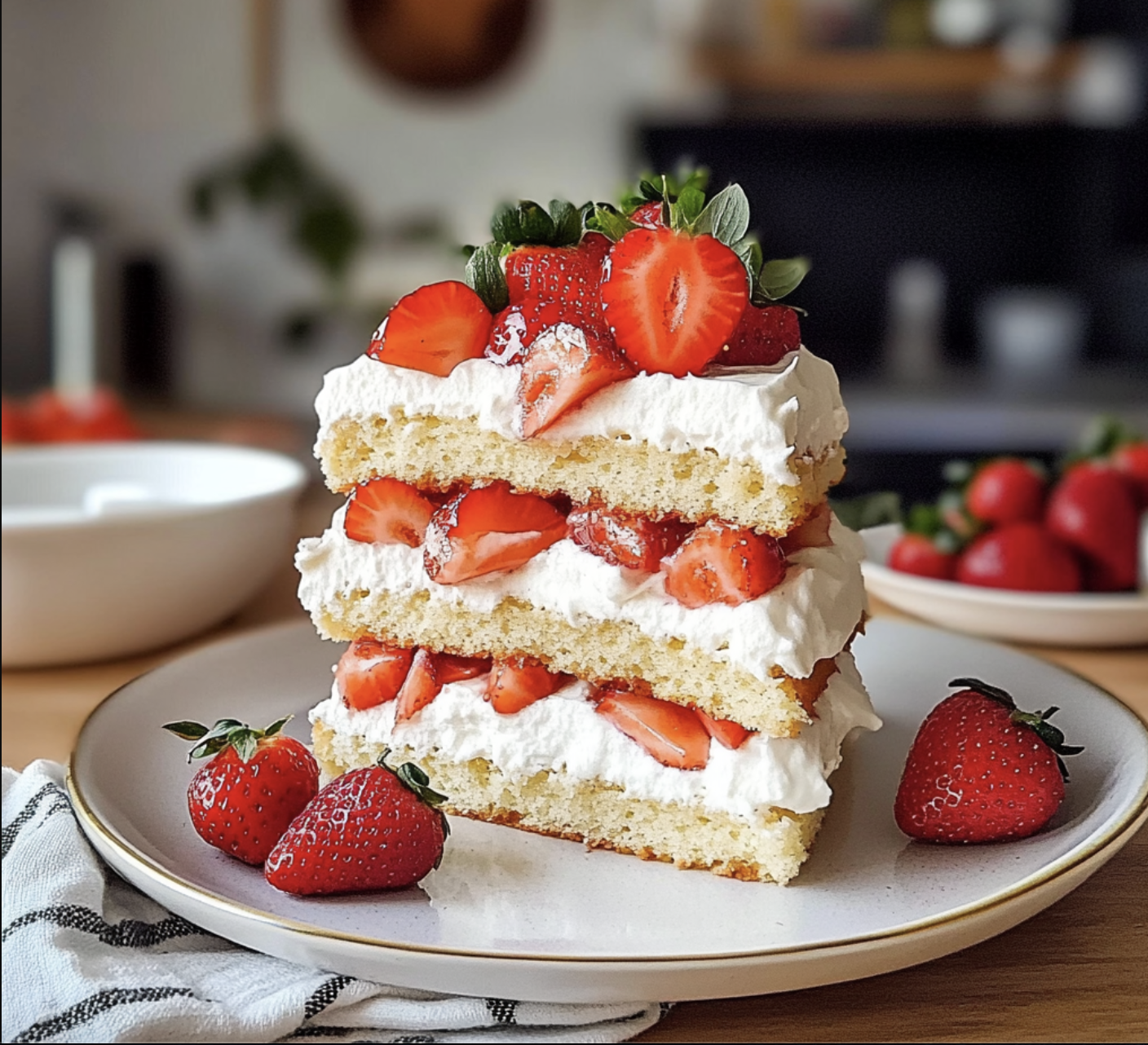 A stack of strawberry cake with whipped cream.