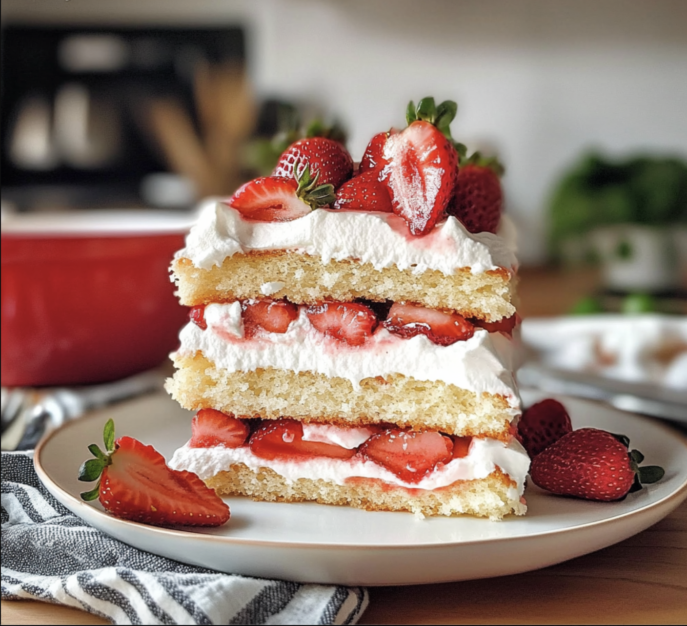 A stack of strawberry cake with whipped cream.