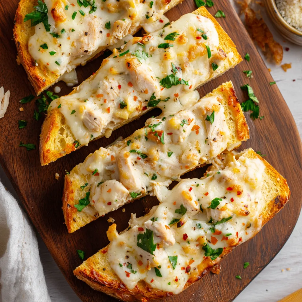 A slice of chicken and cheese pizza on a wooden cutting board.