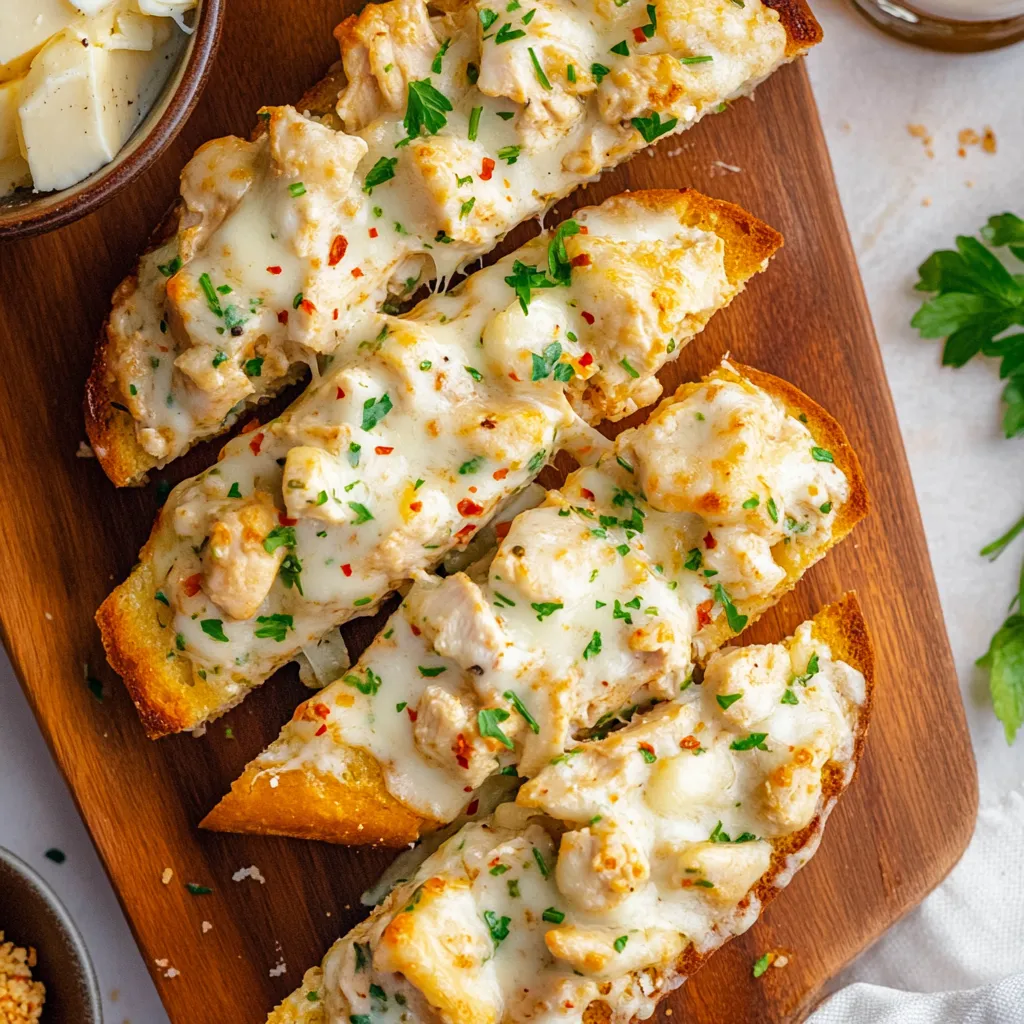 A plate of bread with chicken and cheese on it.