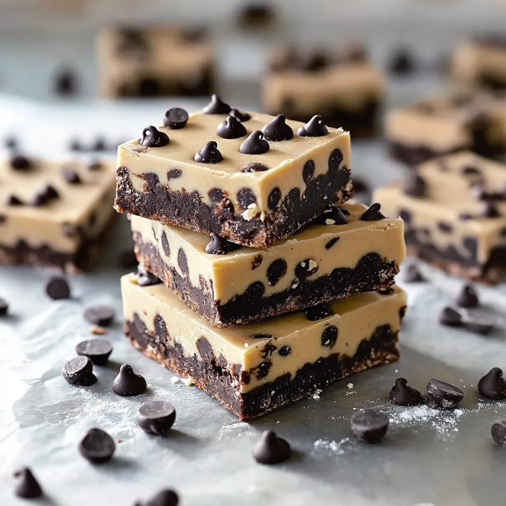 A stack of brownies with chocolate chips.