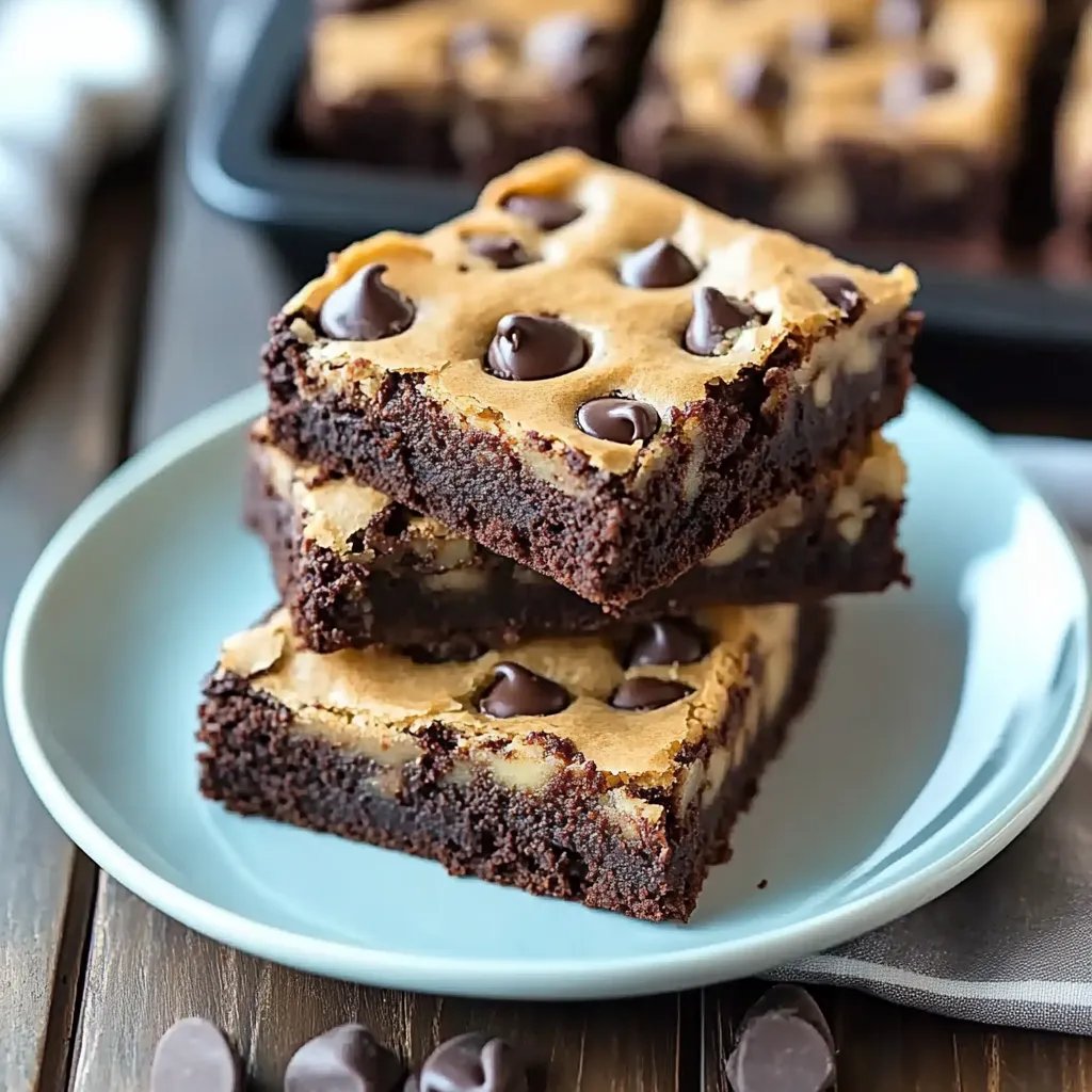A plate of brownies with chocolate chips.