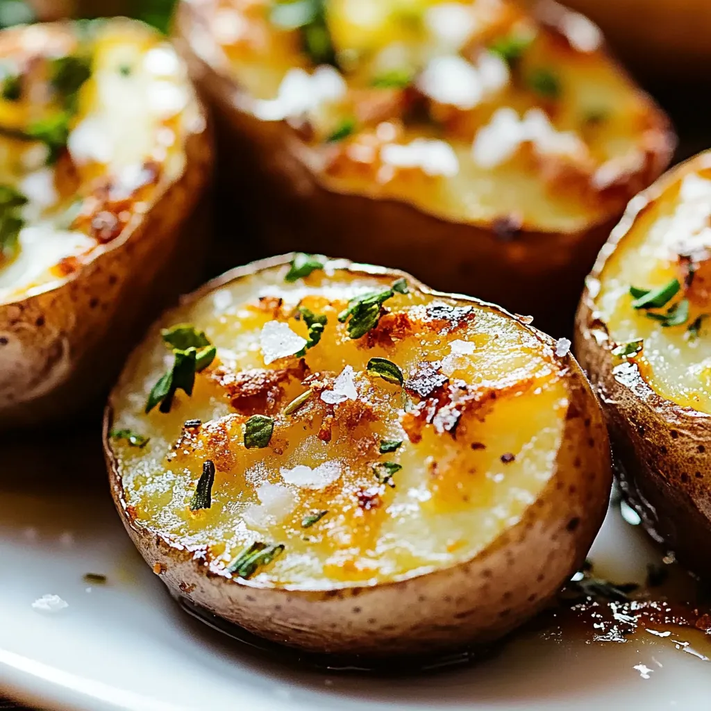 A plate of baked potatoes with herbs on top.