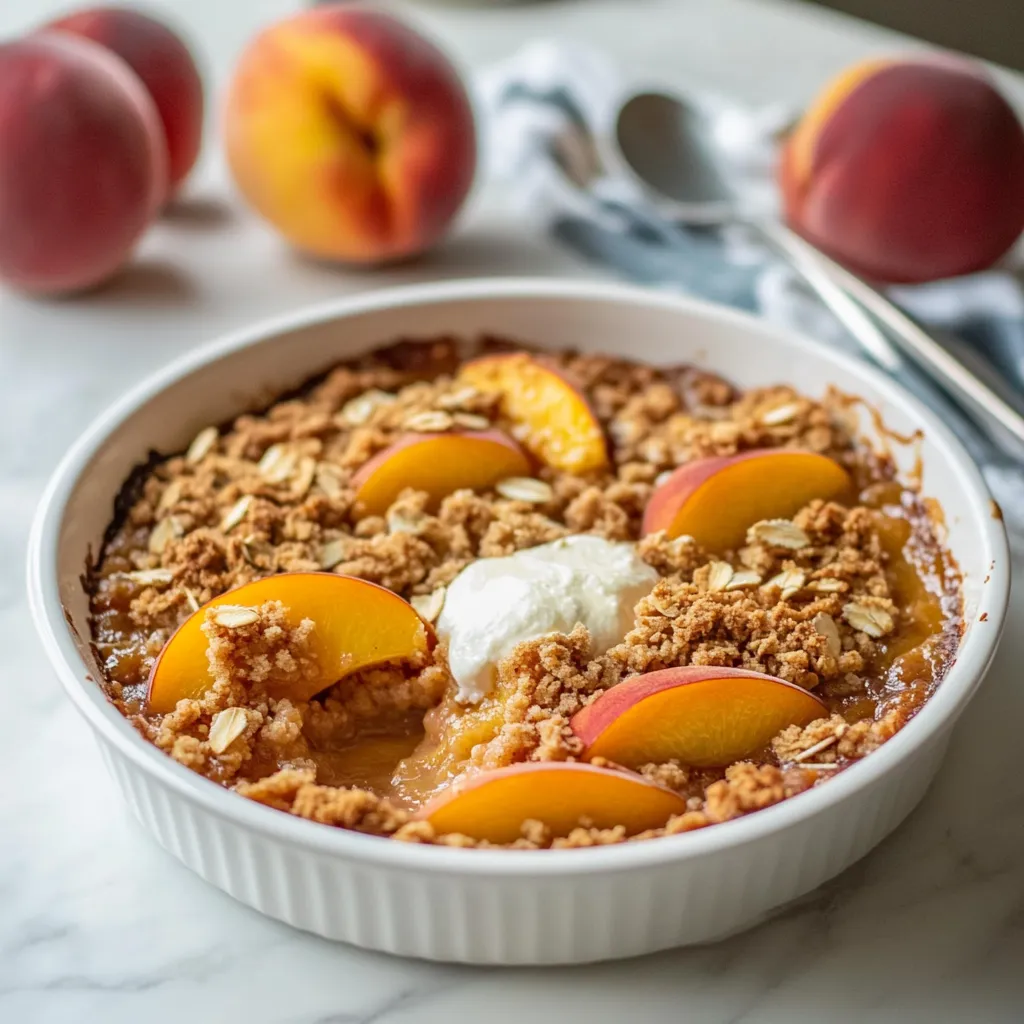 A bowl of peaches and crumbs.