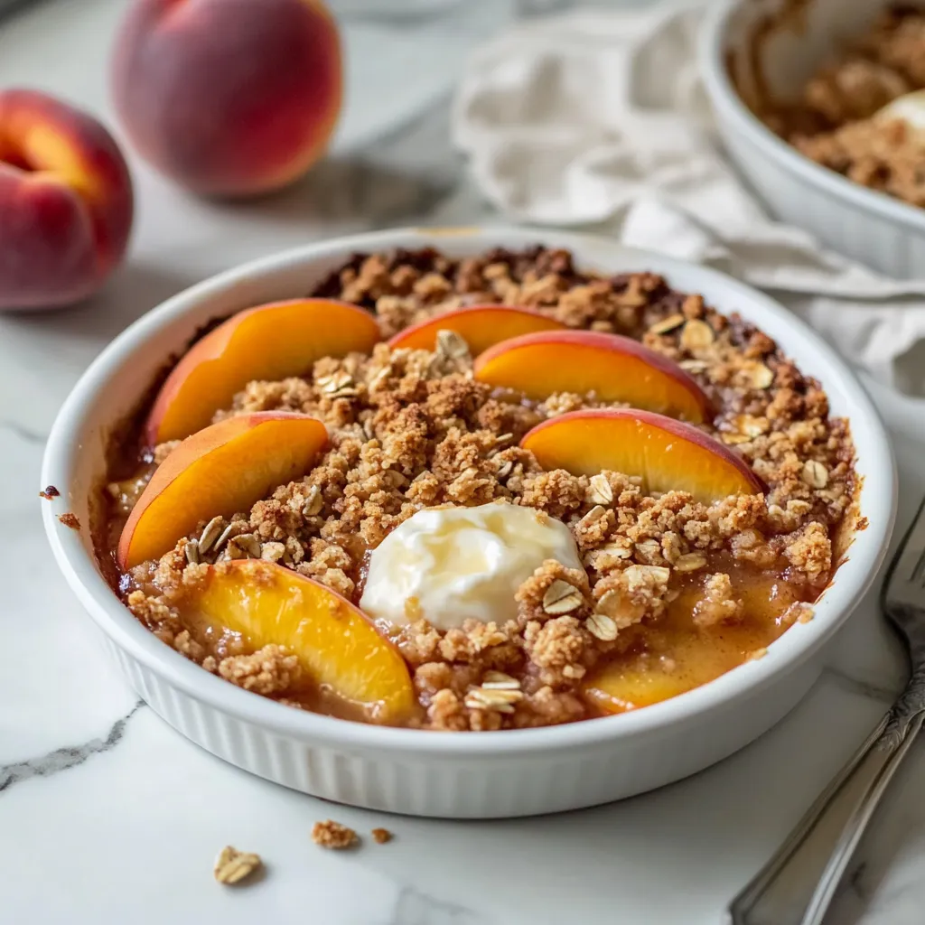 A bowl of peaches and crumbs.