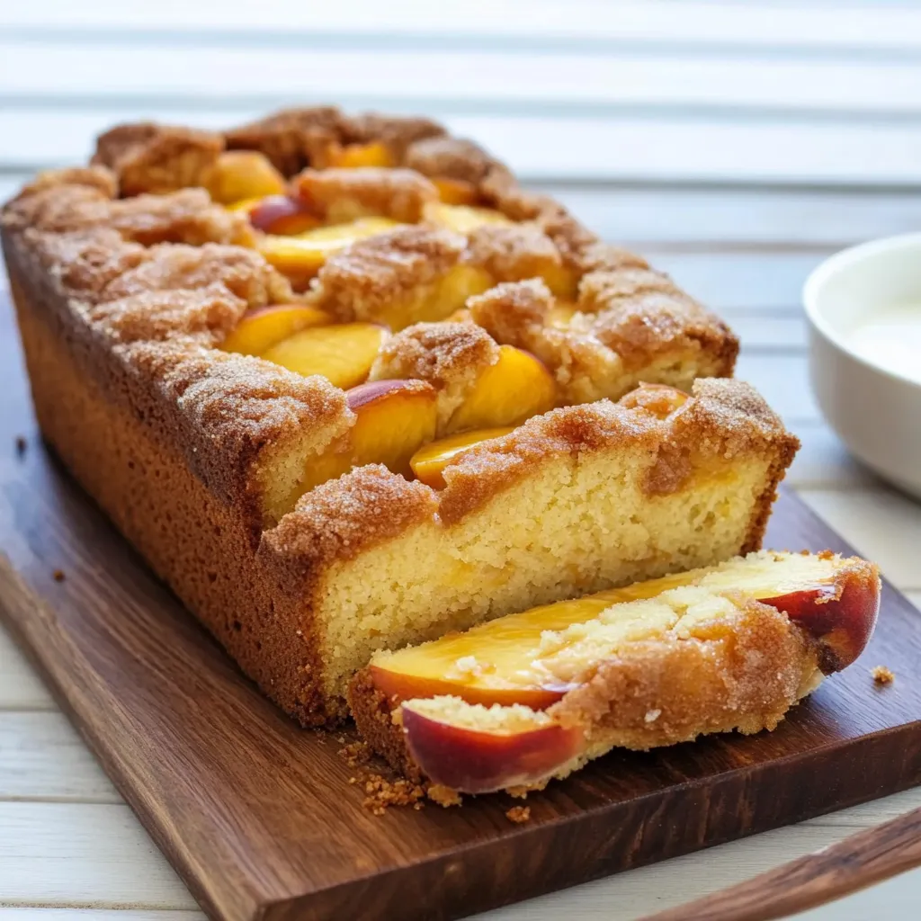 A slice of cake with peaches on top.