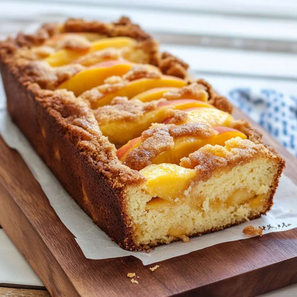 A slice of peach cake on a wooden board.