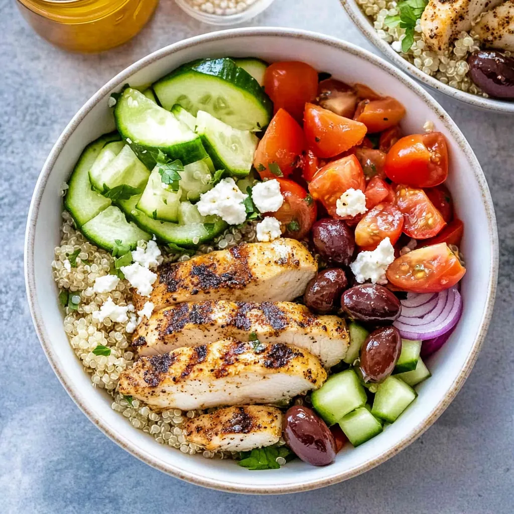 A bowl of food with chicken, tomatoes, cucumbers, and olives.