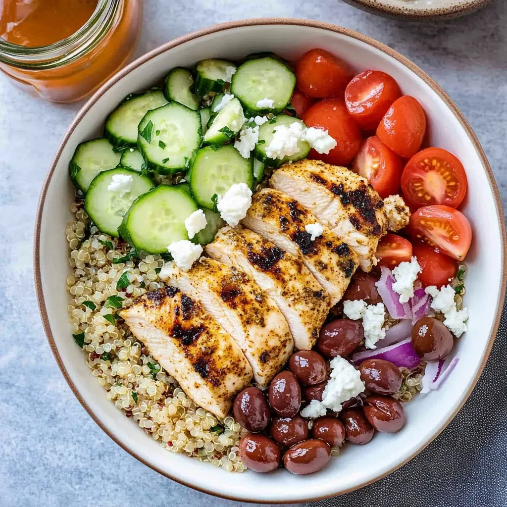A bowl of food with chicken, tomatoes, cucumbers, and feta cheese.