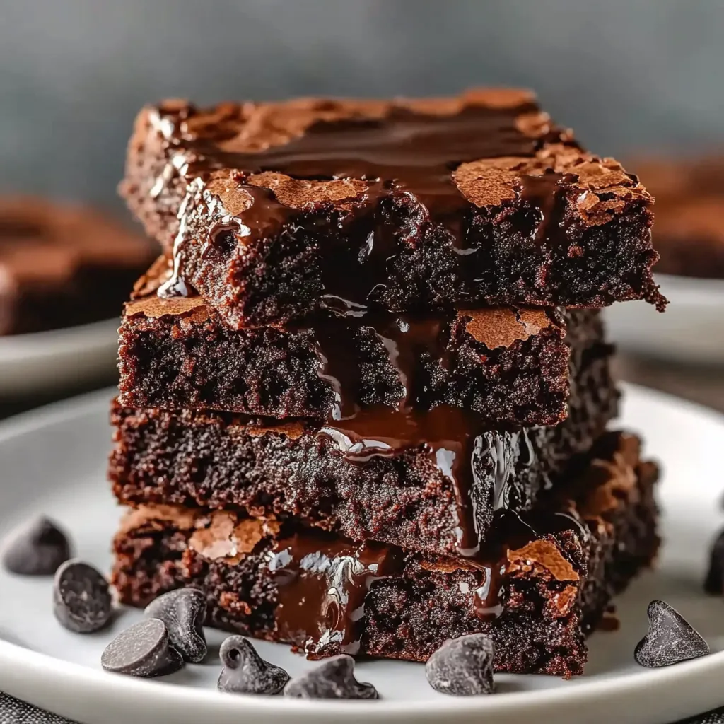 A stack of chocolate cake on a plate.