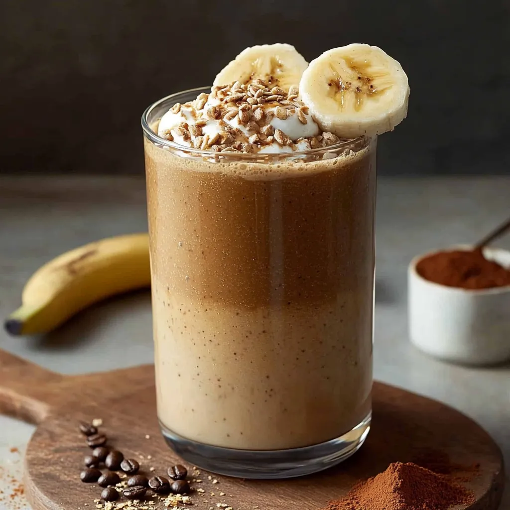 A glass of banana and chocolate milk.