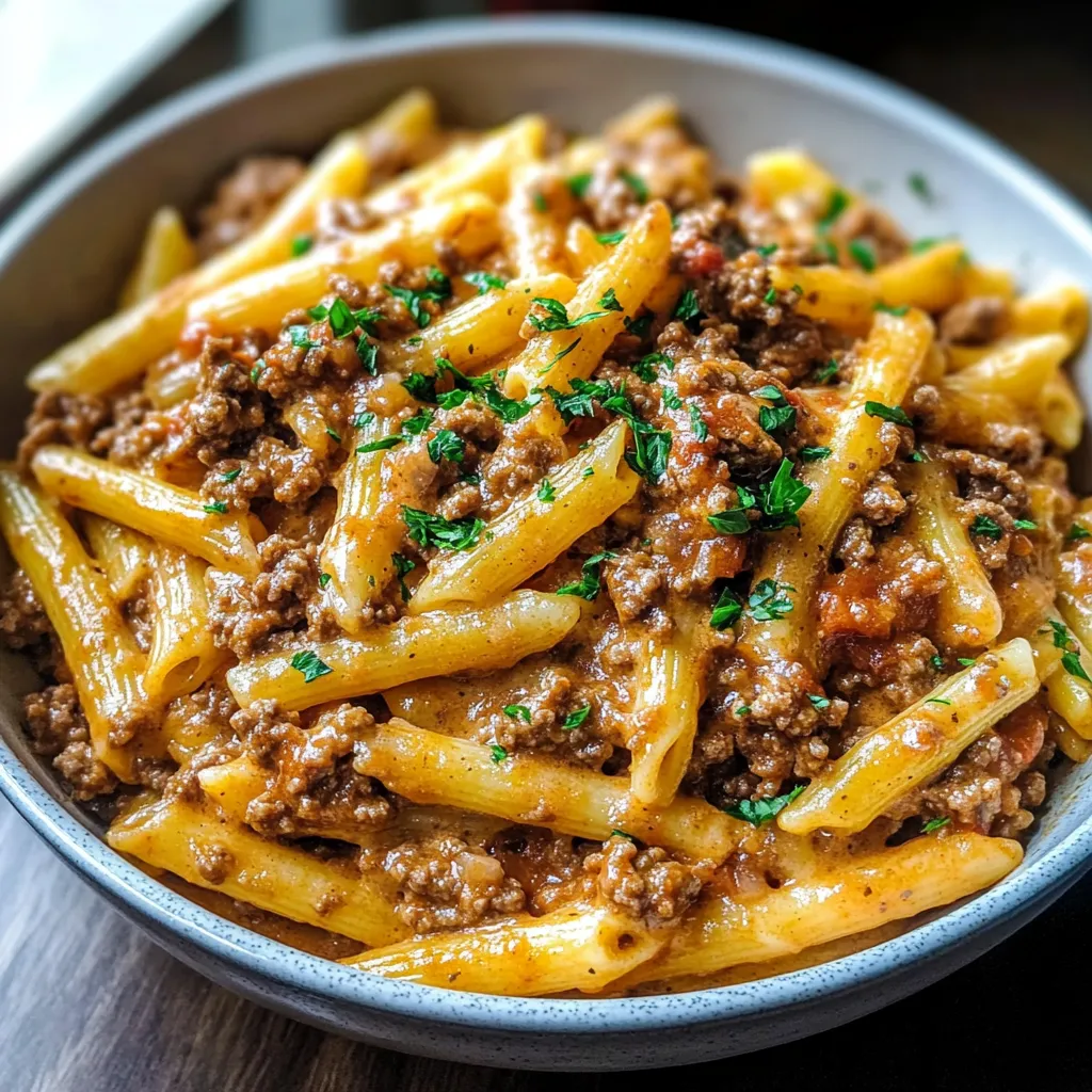 A bowl of pasta with meat and vegetables.