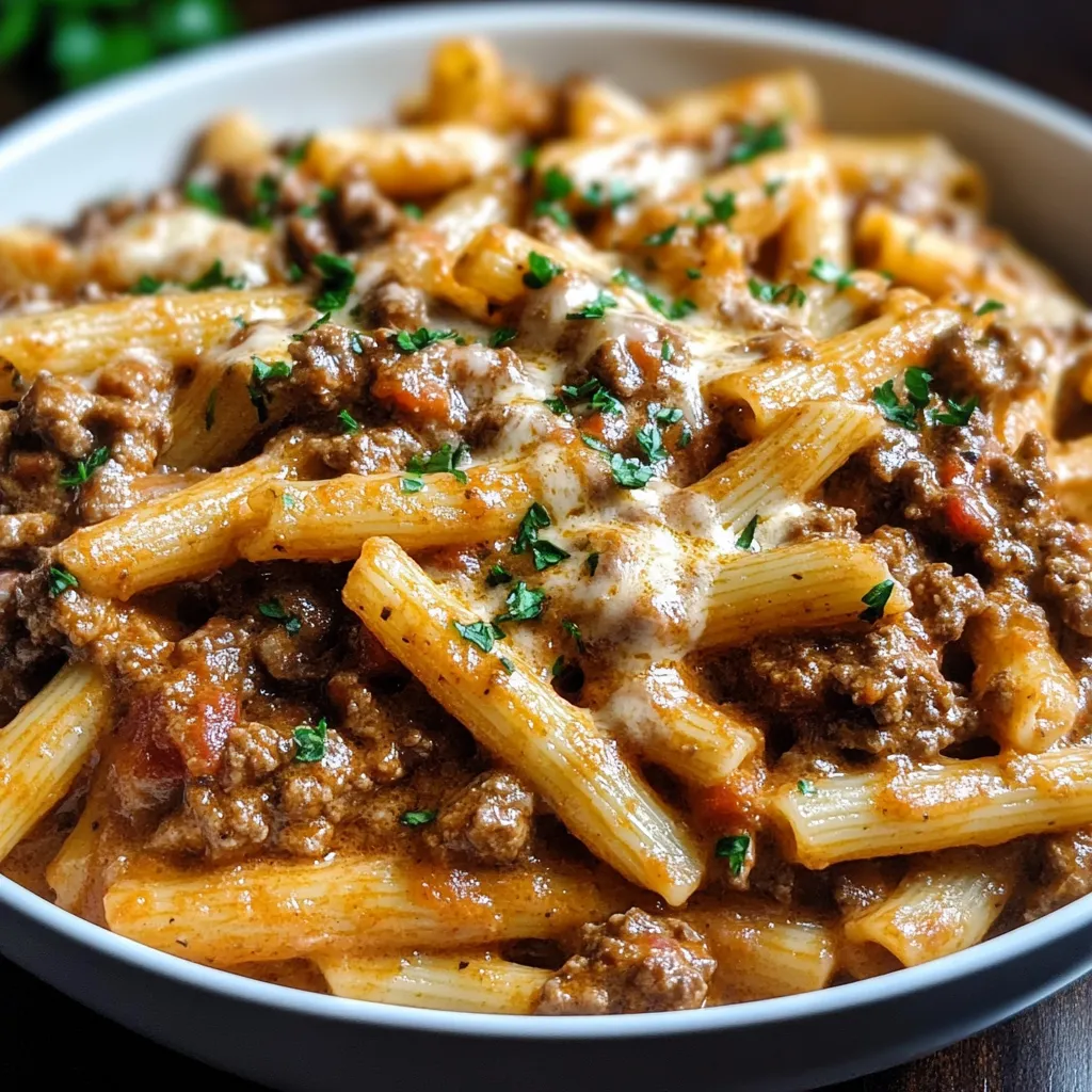 A bowl of pasta with meat and cheese.