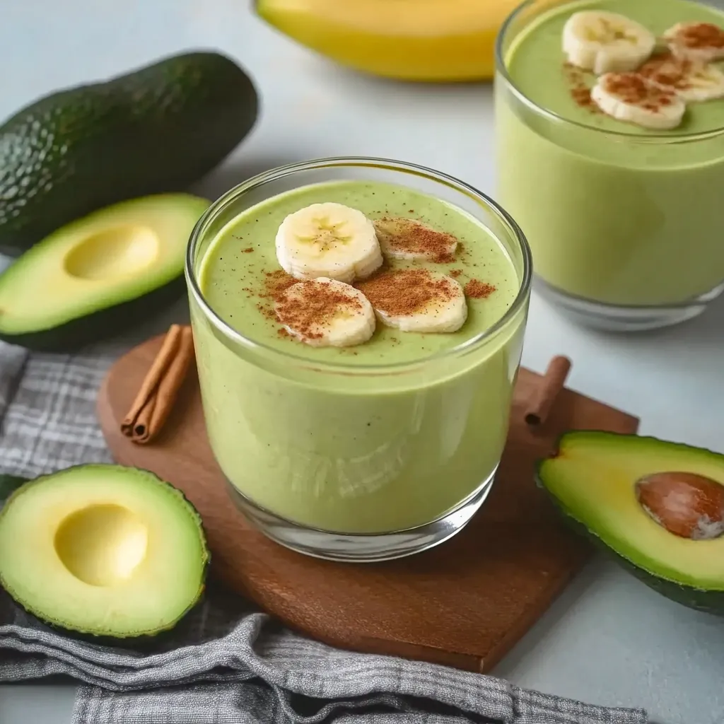 A glass of green smoothie with bananas and avocado.