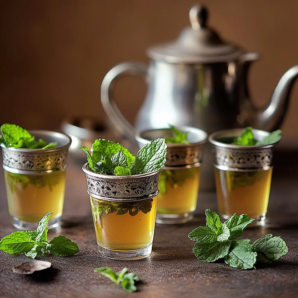 Four cups of tea with mint leaves.