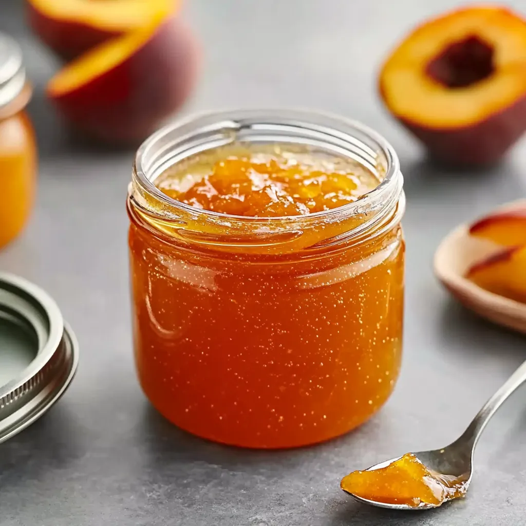A jar of peach jam on a table.