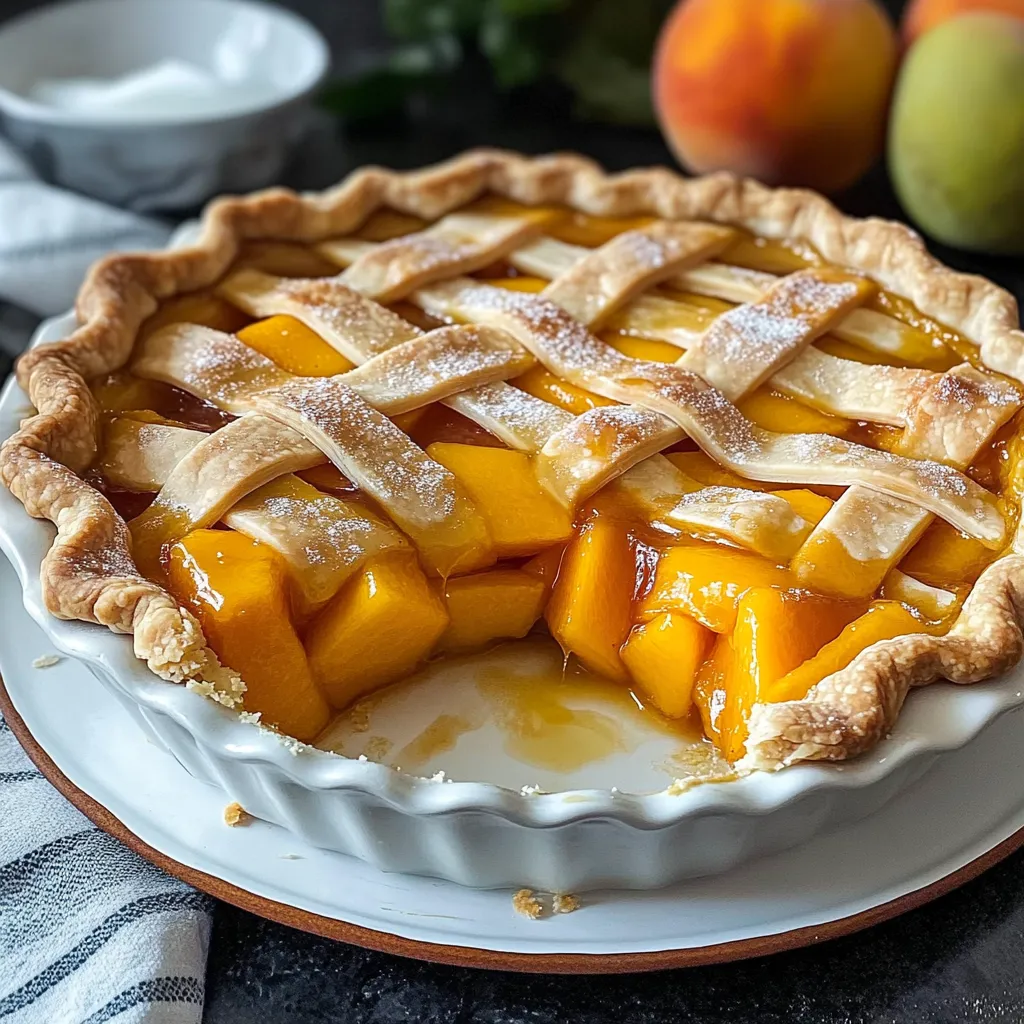 A pie with a golden crust and a filling of peaches.