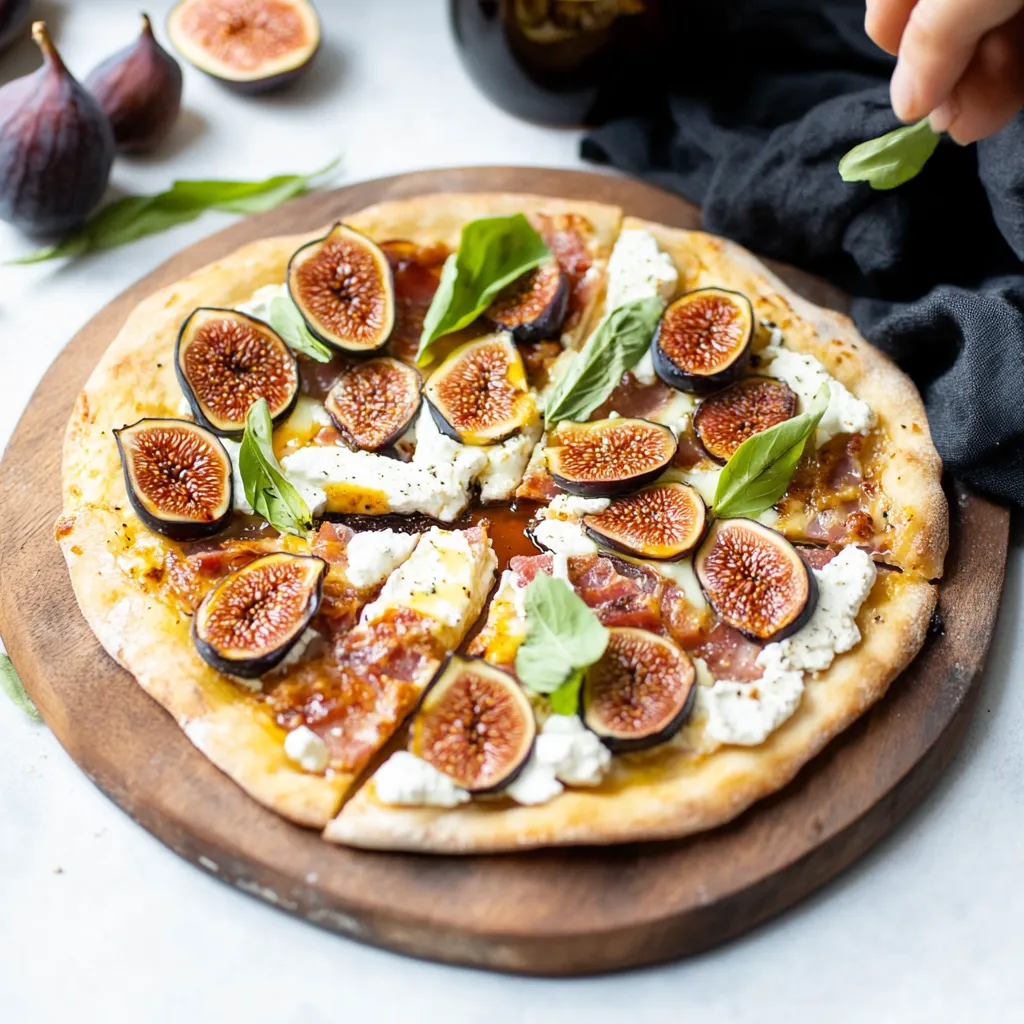 A pizza with figs and cheese.