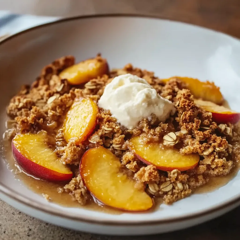 A bowl of oatmeal with peaches and cream.