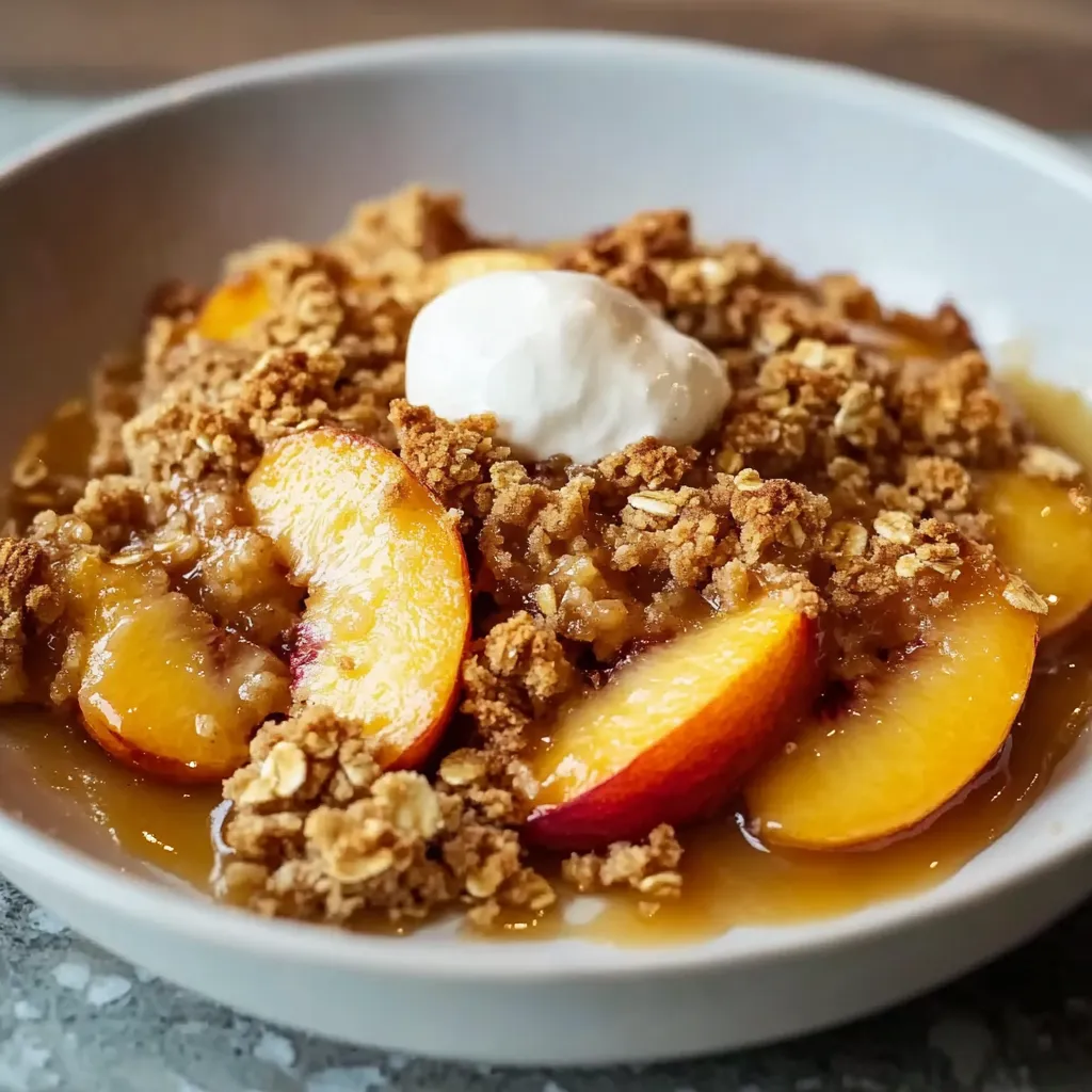 A bowl of cereal with peaches and yogurt.