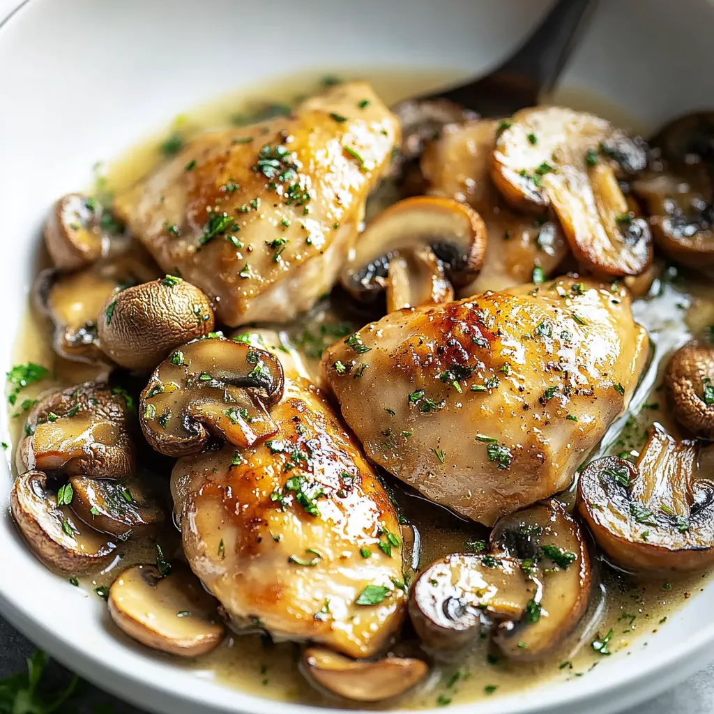 A bowl of chicken with mushrooms and herbs.