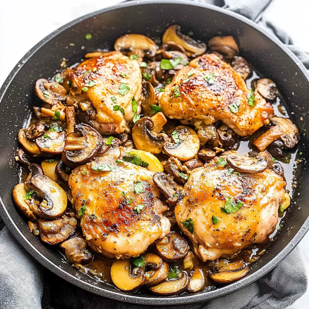 A pan of chicken with mushrooms and herbs.